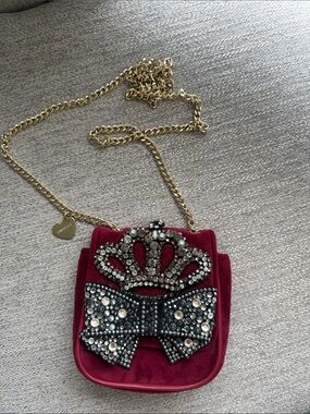 Twin-Set Red Velvet Crossbody Bag with Bejeweled Crown & Bow